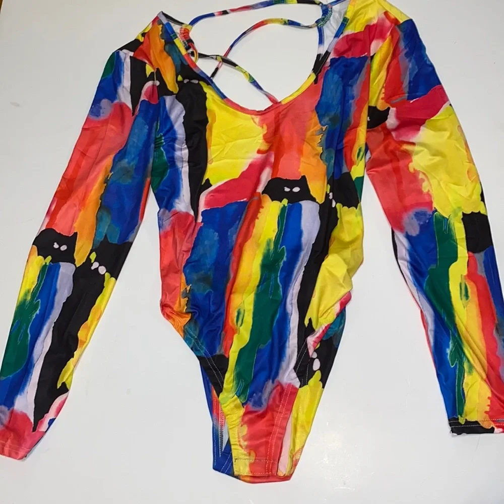 SHEIN Vibrant WaterColor Long Sleeve Backless Lace Up Bodysuit - Picture 1 of 4